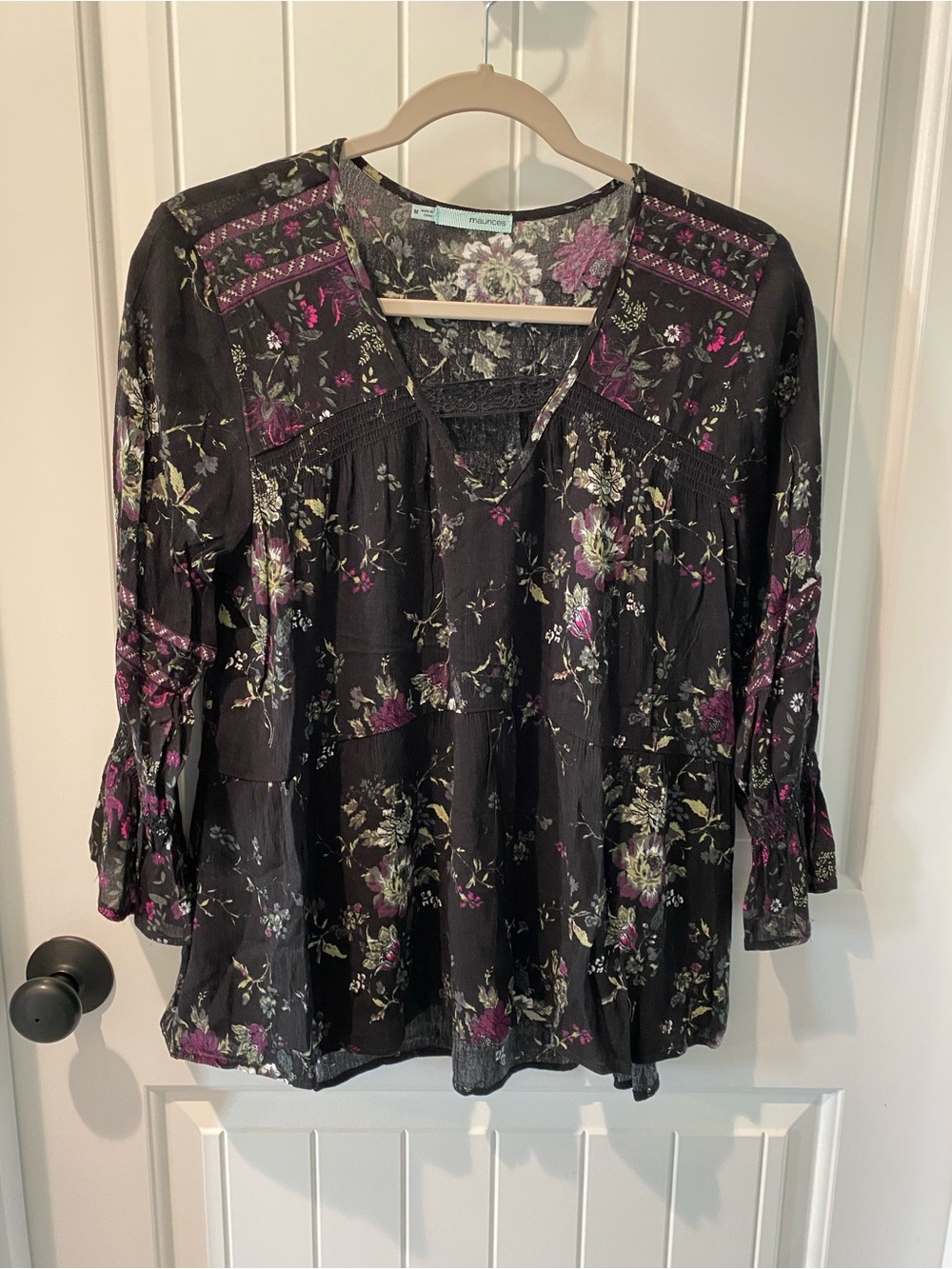 Maurices Black Floral Peasant Top with Purple Accents